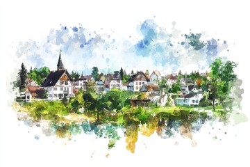 Poster - A serene illustration of a town situated on the shore of a lake, created with watercolor techniques