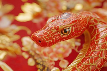 Poster - A detailed view of a colorful serpent figurine with a rich golden body and fiery red accents