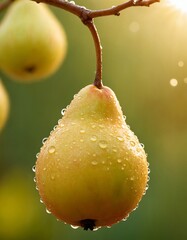 Wall Mural - Pear, fruit, macro, portrait. Fresh pear with water drops.