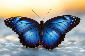 Poster - A blue butterfly perched on a white surface, perfect for use in designs related to nature and beauty