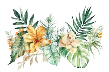 Poster - A beautiful watercolor illustration of lush tropical plants and vibrant flowers