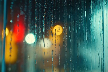 Poster - A rainy day scene with raindrops on the window and a traffic light in the background