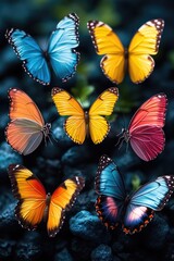 Poster - A group of colorful butterflies perched on top of a rock, perfect for nature-inspired designs and projects
