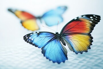 Poster - A pair of brightly colored butterflies perched on a clean white surface, perfect for illustrations and designs