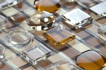 Aufkleber - Close-up view of a collection of glass items on a table, suitable for use in still life photography or as a decorative element