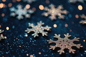 Poster - Close-up view of delicate snowflakes on a blue surface, ideal for winter-themed projects