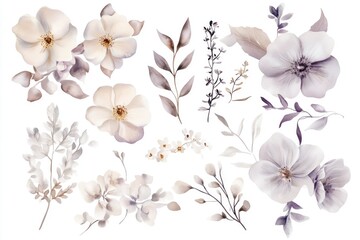 Wall Mural - A collection of colorful flowers painted in watercolor style on a clean white background