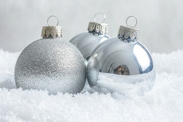 Canvas Print - Two silver Christmas ornaments sitting in the snowy landscape, perfect for winter or holiday themed projects