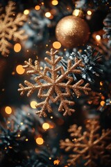 Poster - A close-up shot of a delicate snowflake on a Christmas tree branch