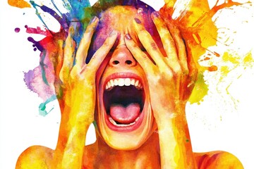 Poster - A woman covers her eyes and face with her hands, possibly hiding from something or someone