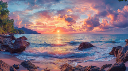 Wall Mural - Stunning sunset panorama of Naithon Sea Beach, with the sky reflecting beautiful hues