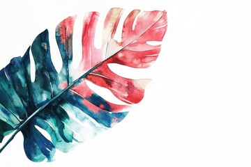 Poster - Watercolor illustration of a colorful tropical leaf with intricate details