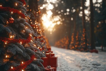 Poster - A Christmas tree decorated with red and white lights standing in the snow