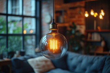 Poster - A single light bulb hangs from the ceiling in a cozy living room setting