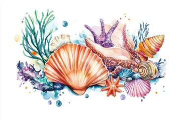 Poster - Colorful underwater scene with seashells and corals, suitable for ocean-themed designs