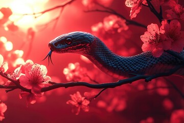 Wall Mural - A snake is sitting on a tree branch in a natural environment