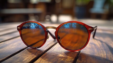 Poster - A pair of sunglasses resting on a wooden table, ideal for use in interior design or lifestyle photoshoots