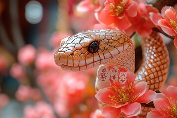 Wall Mural - A close-up shot of a snake coiled around a branch with colorful flowers, great for use in wildlife or nature-themed designs