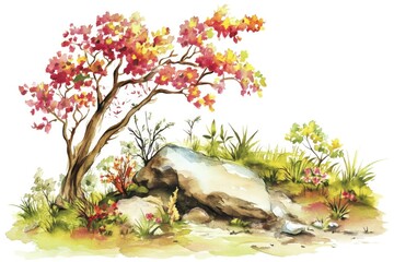 Poster - A scenic view of a rock and tree combination in a watercolor painting style
