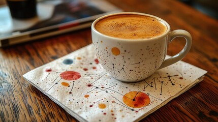 Poster - A cup of coffee sits on top of a wooden table, perfect for morning pick-me-up or afternoon break