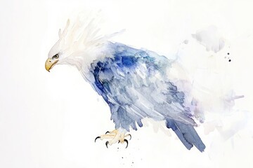 Poster - Watercolor illustration of a bald eagle in flight, with a subtle blue sky and green trees in the background