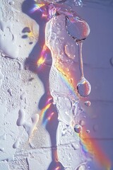 Poster - A close-up shot of a single water droplet with a colorful rainbow in the background