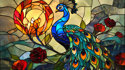 Wall Mural - Handcrafted stained glass peacock artwork in vibrant art nouveau style. concept artisanal decor, stained glass art, peacock design, art nouveau, vibrant colors. Suncatcher. Illustration