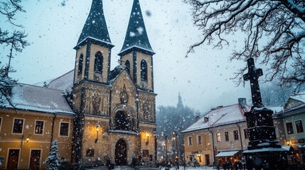 Poster - Church in the center of a snowy town, surrounded by winter scenery