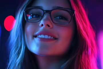 Aufkleber - A close-up shot of a woman wearing glasses and looking directly at the camera