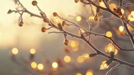 Poster - A winter scene with a frosty tree lit up by colorful lights