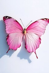 Wall Mural - a delicate pink butterfly perches on a white surface, its wings spread open