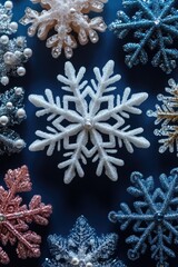 Poster - Detailed shot of individual snowflakes, ideal for winter-themed designs and projects