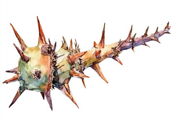 Poster - A watercolor illustration of a single cactus plant with lush green stems and vibrant flowers