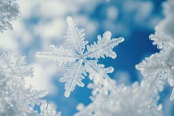Poster - A single snowflake against a bright blue sky, perfect for winter or weather-related themes