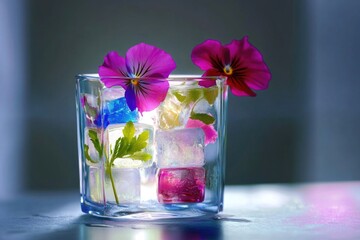 Poster - A glass filled with ice cubes and surrounded by fresh flowers