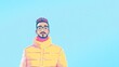 © heinng - Vibrant Digital Painting: Stylishly Illustrated Man Against a Calm Blue Background. AI Generated