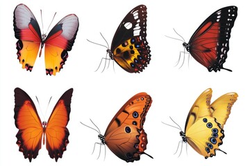 Poster - Six colorful butterflies sitting on a clean white surface, great for designs and illustrations