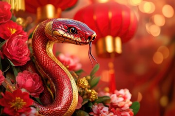Aufkleber - A decorative statue of a snake with intricate red and gold details
