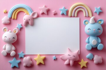 Poster - A white sheet of paper on a pink background surrounded by toys