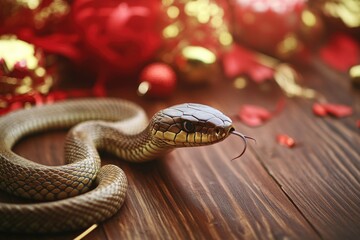 Poster - A close-up photo of a snake's head with its mouth open, situated on a table