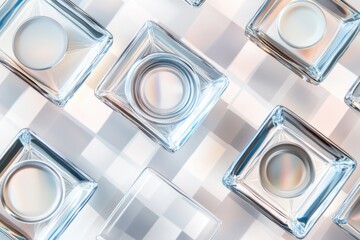 Poster - A group of transparent glass cubes sit on a textured, checkered surface