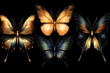 Poster - Three colorful butterflies perched on a dark background, ideal for designs or illustrations
