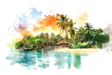 Poster - A serene watercolor illustration of a tropical island surrounded by palm trees, perfect for travel or leisure use