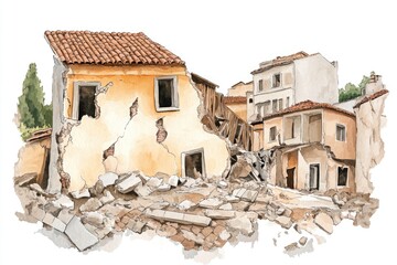 Poster - A picture of an old building with crumbling walls and broken windows, suitable for use in historical or post-apocalyptic scenes