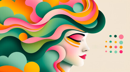 Aufkleber - Colorful abstract portrait showcasing vibrant hair design and modern art elements in a whimsical style