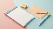 © Александр Бердюгин - A modern flat lay design showcasing stationary items with pastel papers and geometric shapes on a pink and blue background