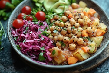 Poster - Fresh vegetables and chickpeas in a bowl, perfect for healthy snack or meal prep