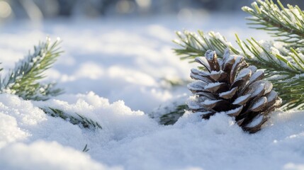 Poster - A single pine cone sits atop snow-covered ground, ready for the winter season