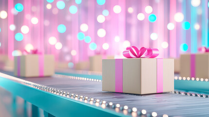 Poster - Beautifully wrapped gifts on a colorful display for a festive celebration on a conveyor belt in a festive atmosphere