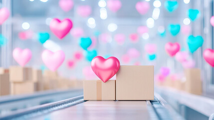 Aufkleber - floating hearts and wrapped packages on a conveyor belt in a festive atmosphere